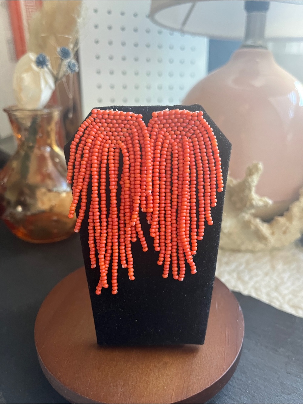 Coral Beaded Waterfall Fringe Earrings - Women Jewelry